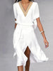 Elegant Women's White Midi Dress with V-Neck – Size M, Comfortable Polyester Fabric
