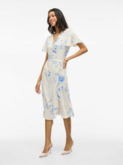 Floral Linen Wrap Dress with V-Neck and Short Sleeves – Midi Length for Women