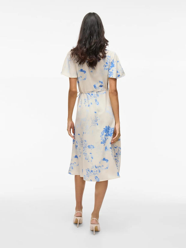 Floral Linen Wrap Dress with V-Neck and Short Sleeves – Midi Length for Women