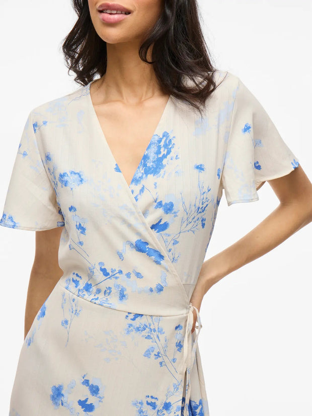 Floral Linen Wrap Dress with V-Neck and Short Sleeves – Midi Length for Women