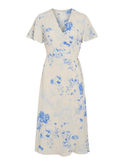 Floral Linen Wrap Dress with V-Neck and Short Sleeves – Midi Length for Women