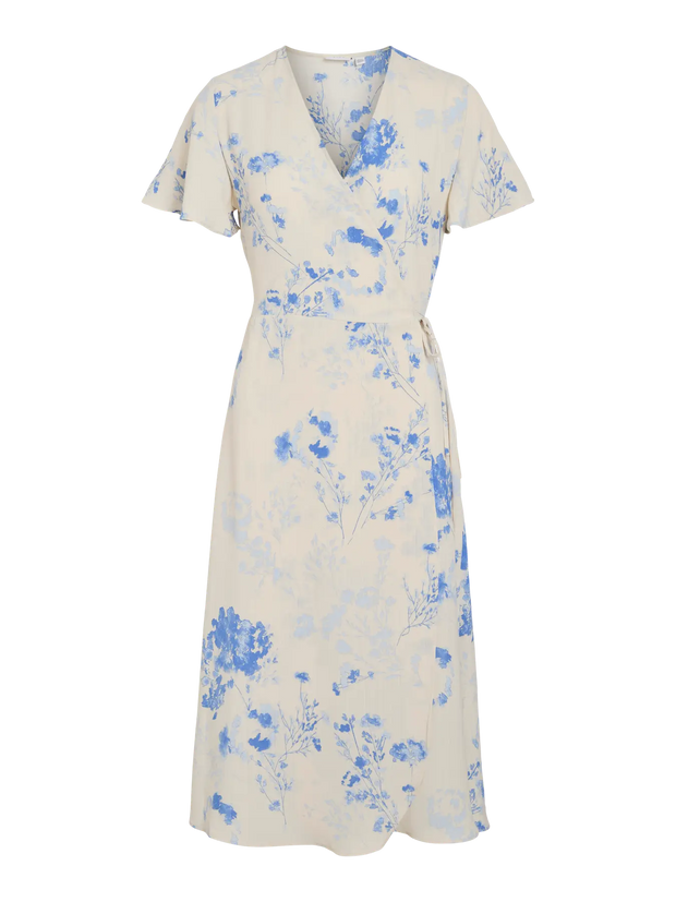 Floral Linen Wrap Dress with V-Neck and Short Sleeves – Midi Length for Women