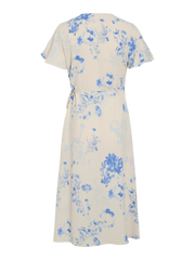 Floral Linen Wrap Dress with V-Neck and Short Sleeves – Midi Length for Women