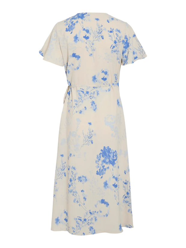 Floral Linen Wrap Dress with V-Neck and Short Sleeves – Midi Length for Women