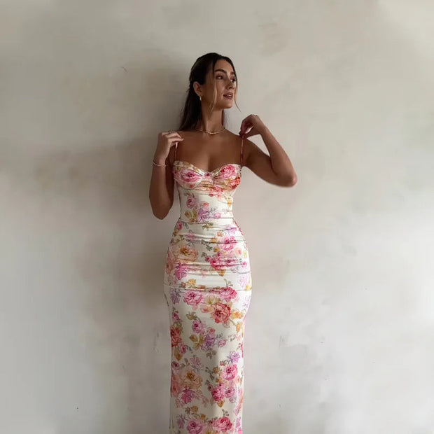 Floral Sleeveless Summer Dress for Women – 100% Polyester with Slight Stretch, Elegant Casual Cocktail Dress-Cramta