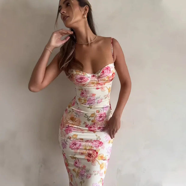 Floral Sleeveless Summer Dress for Women – 100% Polyester with Slight Stretch, Elegant Casual Cocktail Dress-Cramta