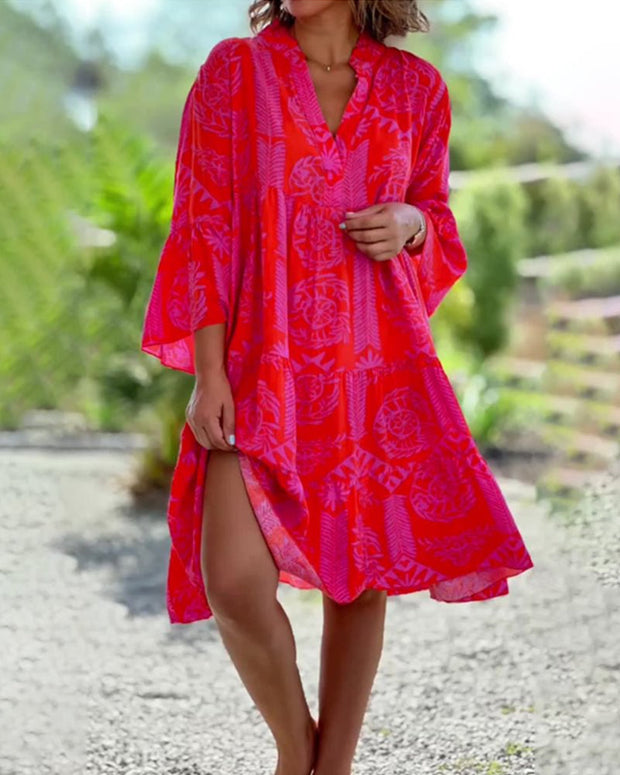 Geometric Boho Print Summer Dress for Women with 3/4 Sleeves – Relaxed Fit Cotton Dress-Cramta
