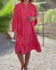 Geometric Boho Print Summer Dress for Women with 3/4 Sleeves – Relaxed Fit Cotton Dress-Cramta