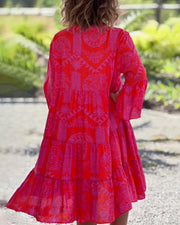Geometric Boho Print Summer Dress for Women with 3/4 Sleeves – Relaxed Fit Cotton Dress-Cramta