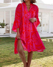 Geometric Boho Print Summer Dress for Women with 3/4 Sleeves – Relaxed Fit Cotton Dress-Cramta