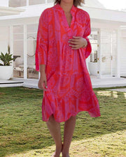 Geometric Boho Print Summer Dress for Women with 3/4 Sleeves – Relaxed Fit Cotton Dress-Cramta