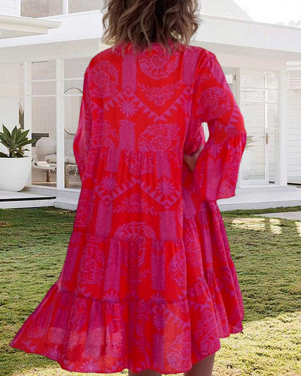 Geometric Boho Print Summer Dress for Women with 3/4 Sleeves – Relaxed Fit Cotton Dress-Cramta
