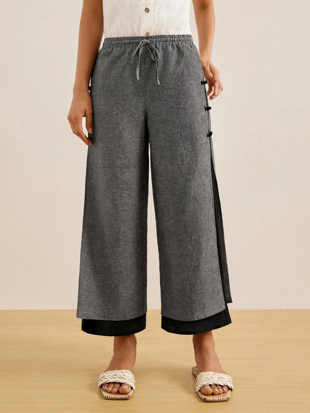 Handmade 100% Linen Capri Pants with Wide Leg and Side Buttons – Unique Fashion Statement