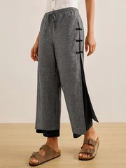 Handmade 100% Linen Capri Pants with Wide Leg and Side Buttons – Unique Fashion Statement