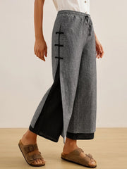 Handmade 100% Linen Capri Pants with Wide Leg and Side Buttons – Unique Fashion Statement