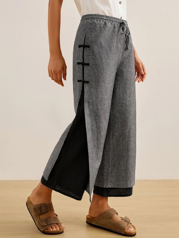 Handmade 100% Linen Capri Pants with Wide Leg and Side Buttons – Unique Fashion Statement