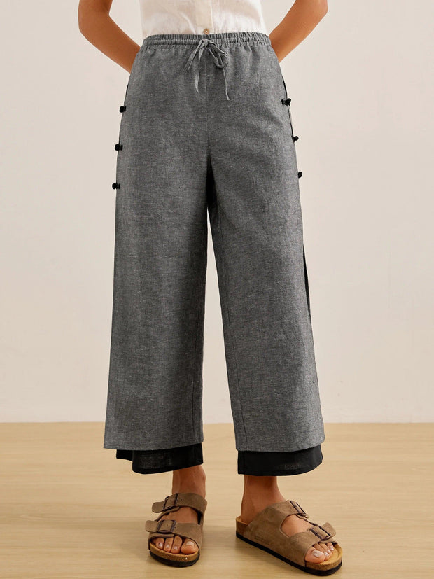 Handmade 100% Linen Capri Pants with Wide Leg and Side Buttons – Unique Fashion Statement