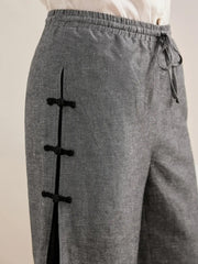 Handmade 100% Linen Capri Pants with Wide Leg and Side Buttons – Unique Fashion Statement