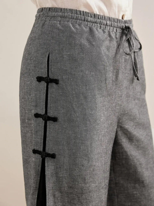 Handmade 100% Linen Capri Pants with Wide Leg and Side Buttons – Unique Fashion Statement