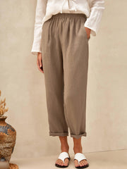 High-Waisted Elasticated Linen Trousers with Tapered Legs – Comfortable and Stylish