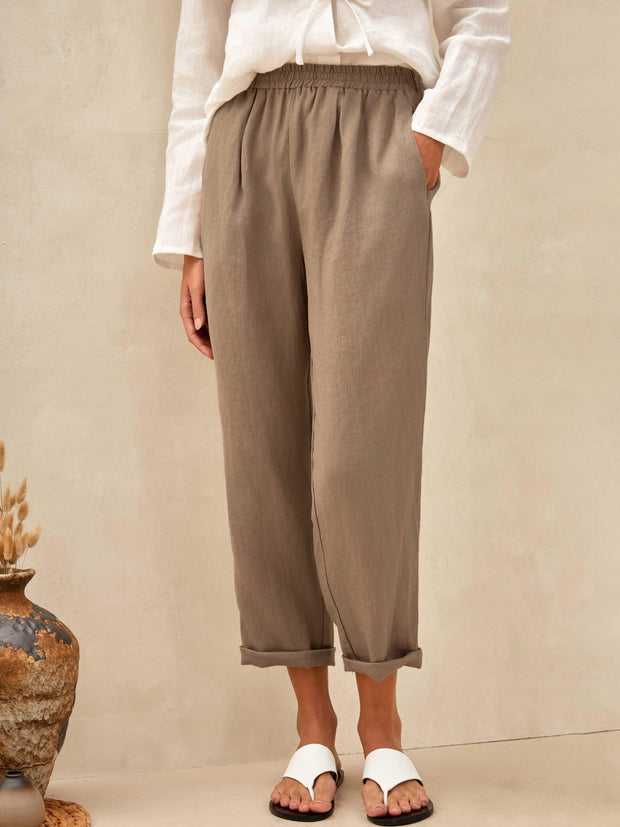 High-Waisted Elasticated Linen Trousers with Tapered Legs – Comfortable and Stylish