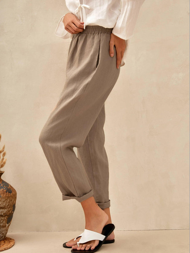High-Waisted Elasticated Linen Trousers with Tapered Legs – Comfortable and Stylish