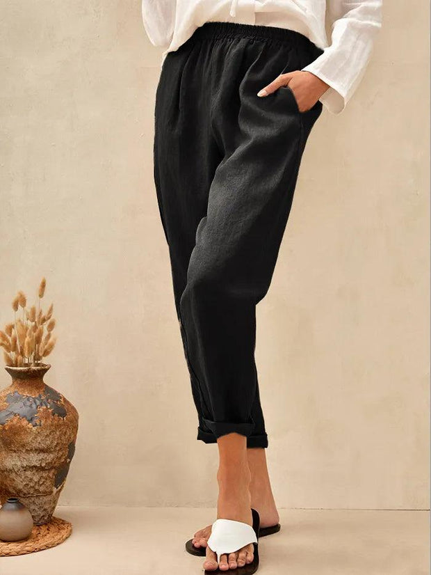 High-Waisted Elasticated Linen Trousers with Tapered Legs – Comfortable and Stylish