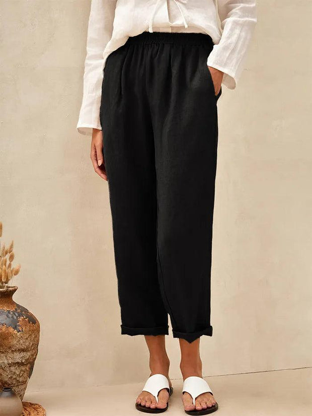 High-Waisted Elasticated Linen Trousers with Tapered Legs – Comfortable and Stylish
