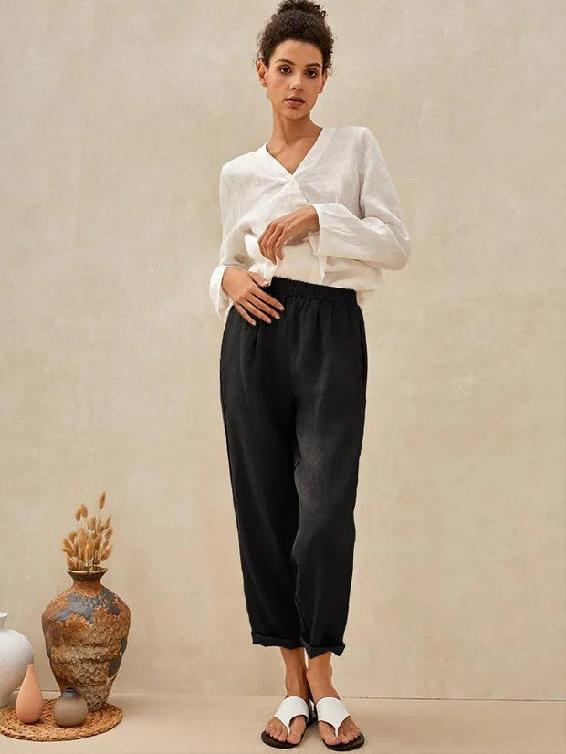 High-Waisted Elasticated Linen Trousers with Tapered Legs – Comfortable and Stylish