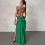 Irregular Dress with Inclined Shoulder – High-Quality Handmade Polyester-Cramta