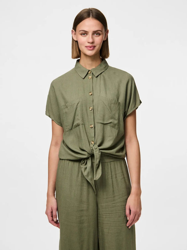 Khaki Women's Blouse - Stylish Summer Top with Tie Detail, Soft Viscose and Linen Blend, Easy Care