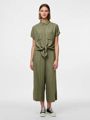 Khaki Women's Blouse - Stylish Summer Top with Tie Detail, Soft Viscose and Linen Blend, Easy Care