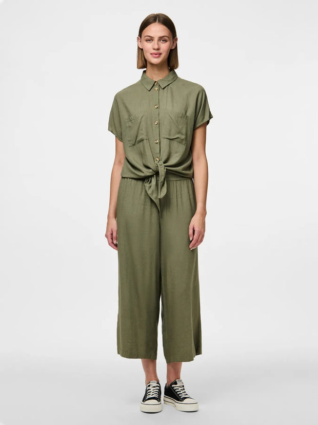 Khaki Women's Blouse - Stylish Summer Top with Tie Detail, Soft Viscose and Linen Blend, Easy Care