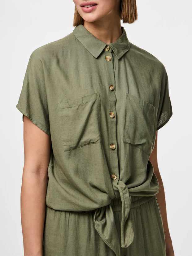 Khaki Women's Blouse - Stylish Summer Top with Tie Detail, Soft Viscose and Linen Blend, Easy Care