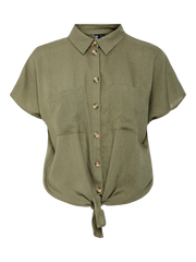 Khaki Women's Blouse - Stylish Summer Top with Tie Detail, Soft Viscose and Linen Blend, Easy Care