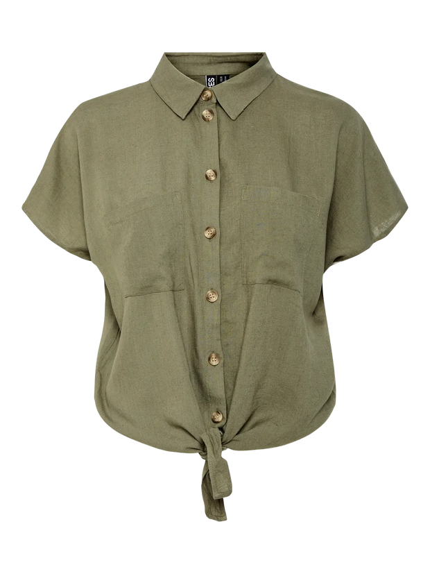 Khaki Women's Blouse - Stylish Summer Top with Tie Detail, Soft Viscose and Linen Blend, Easy Care
