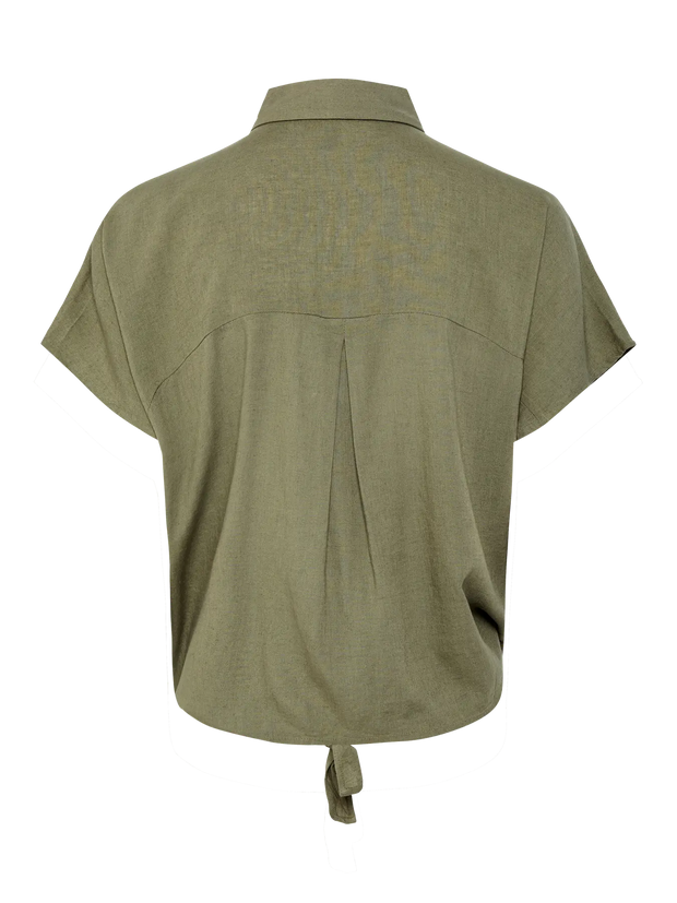 Khaki Women's Blouse - Stylish Summer Top with Tie Detail, Soft Viscose and Linen Blend, Easy Care