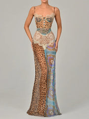 Lace Maxi Dress with Nuria Print – Premium Polyester and Spandex Blend-Cramta