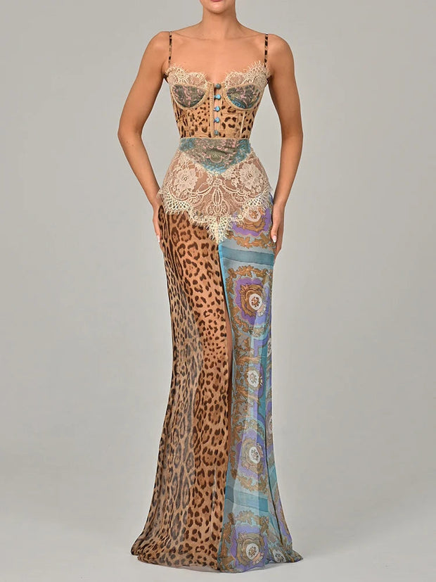 Lace Maxi Dress with Nuria Print – Premium Polyester and Spandex Blend-Cramta