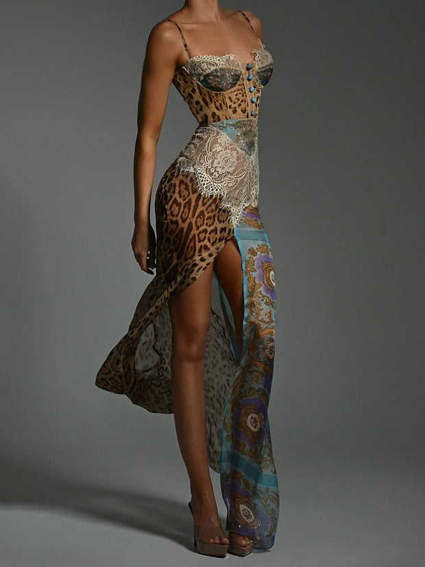 Lace Maxi Dress with Nuria Print – Premium Polyester and Spandex Blend-Cramta