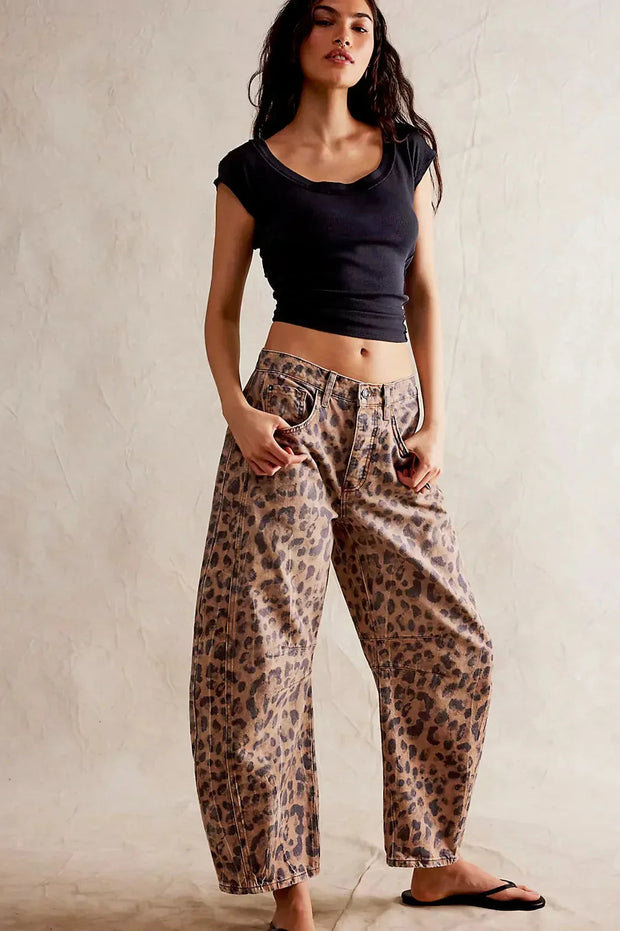 Leopard Print Wide Leg Jeans for Women – Mid-Rise, Comfortable Cotton Denim, Casual Fashion Statement