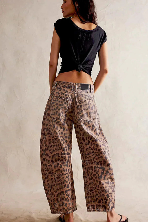 Leopard Print Wide Leg Jeans for Women – Mid-Rise, Comfortable Cotton Denim, Casual Fashion Statement