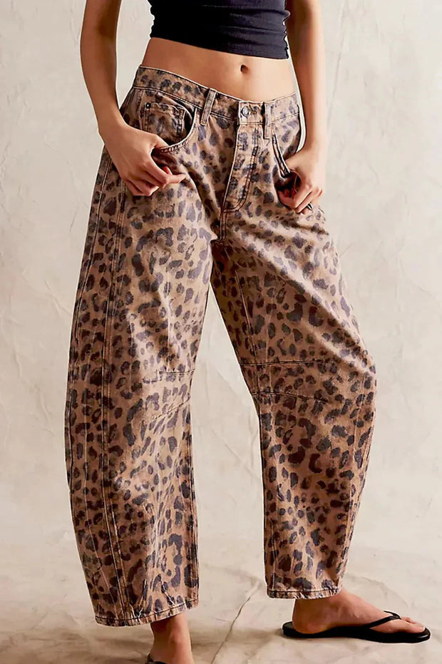 Leopard Print Wide Leg Jeans for Women – Mid-Rise, Comfortable Cotton Denim, Casual Fashion Statement