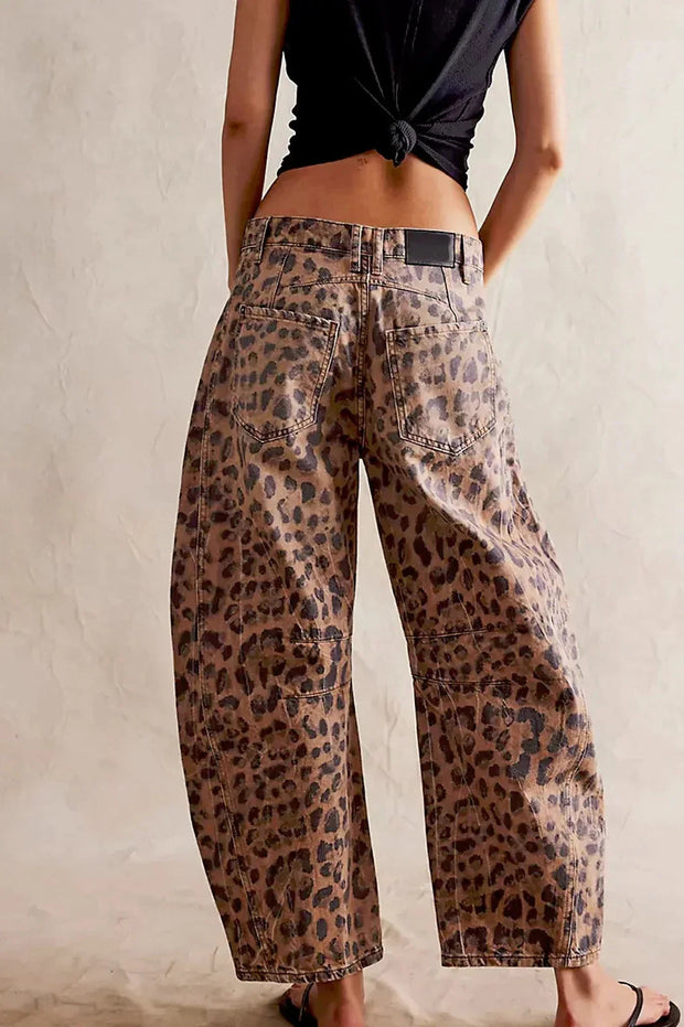 Leopard Print Wide Leg Jeans for Women – Mid-Rise, Comfortable Cotton Denim, Casual Fashion Statement