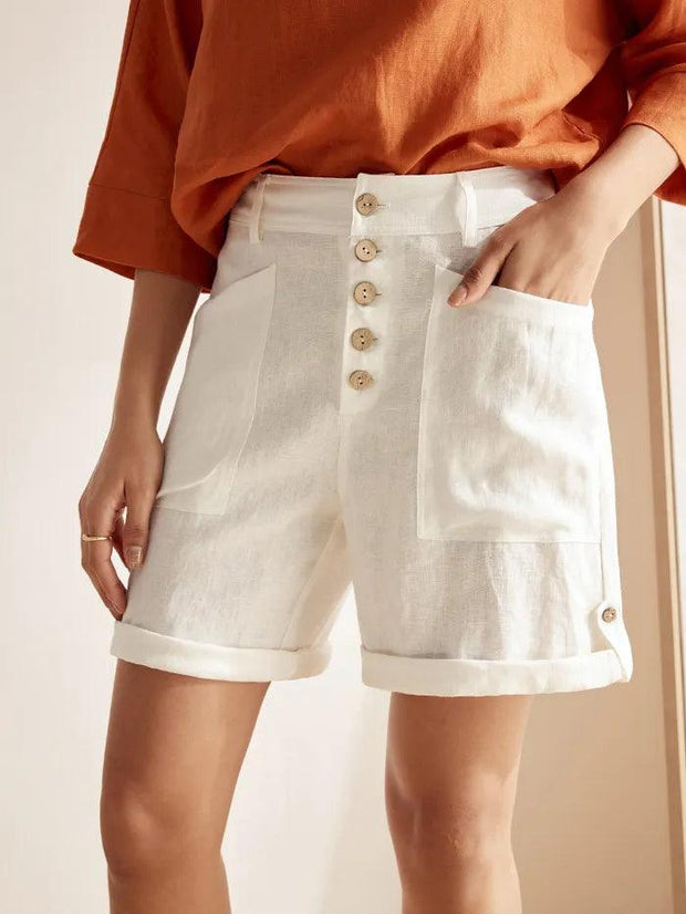 Linen Button-Fly Quarter Shorts for Women – Comfortable and Stylish Fit