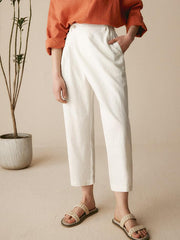 Linen Capri Pants for Women with Asymmetrical Hem and Side Pockets – Cropped Tailored Fit