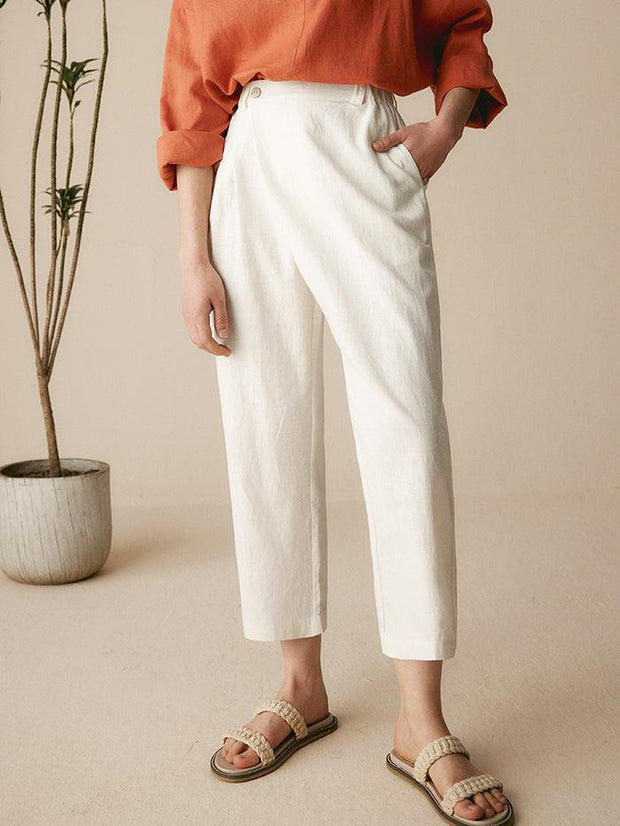 Linen Capri Pants for Women with Asymmetrical Hem and Side Pockets – Cropped Tailored Fit