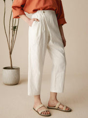 Linen Capri Pants for Women with Asymmetrical Hem and Side Pockets – Cropped Tailored Fit