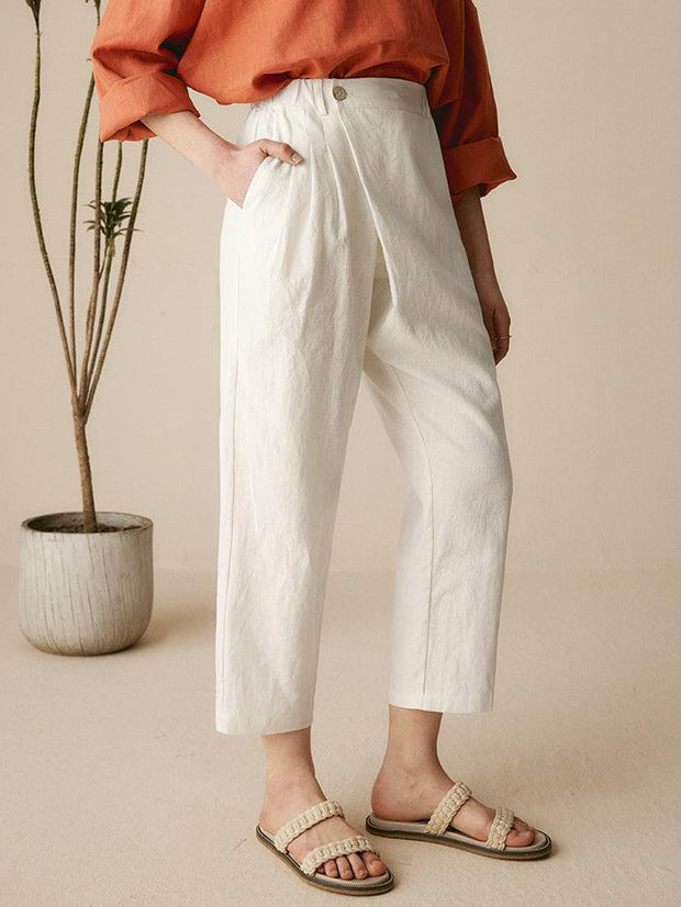 Linen Capri Pants for Women with Asymmetrical Hem and Side Pockets – Cropped Tailored Fit