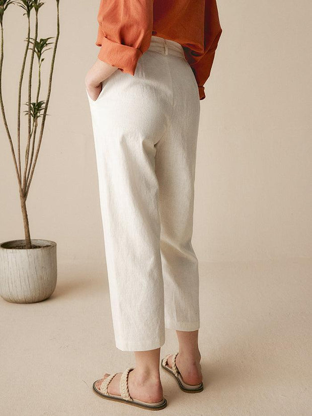 Linen Capri Pants for Women with Asymmetrical Hem and Side Pockets – Cropped Tailored Fit